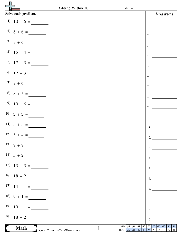 Adding Within 20 (horizontal) worksheet